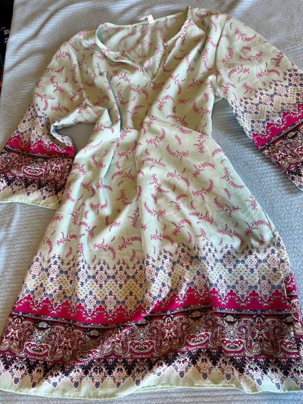 My Beloved Mint & Pink Paisley Boho Bell Sleeve Dress - Size Large - Made in USA